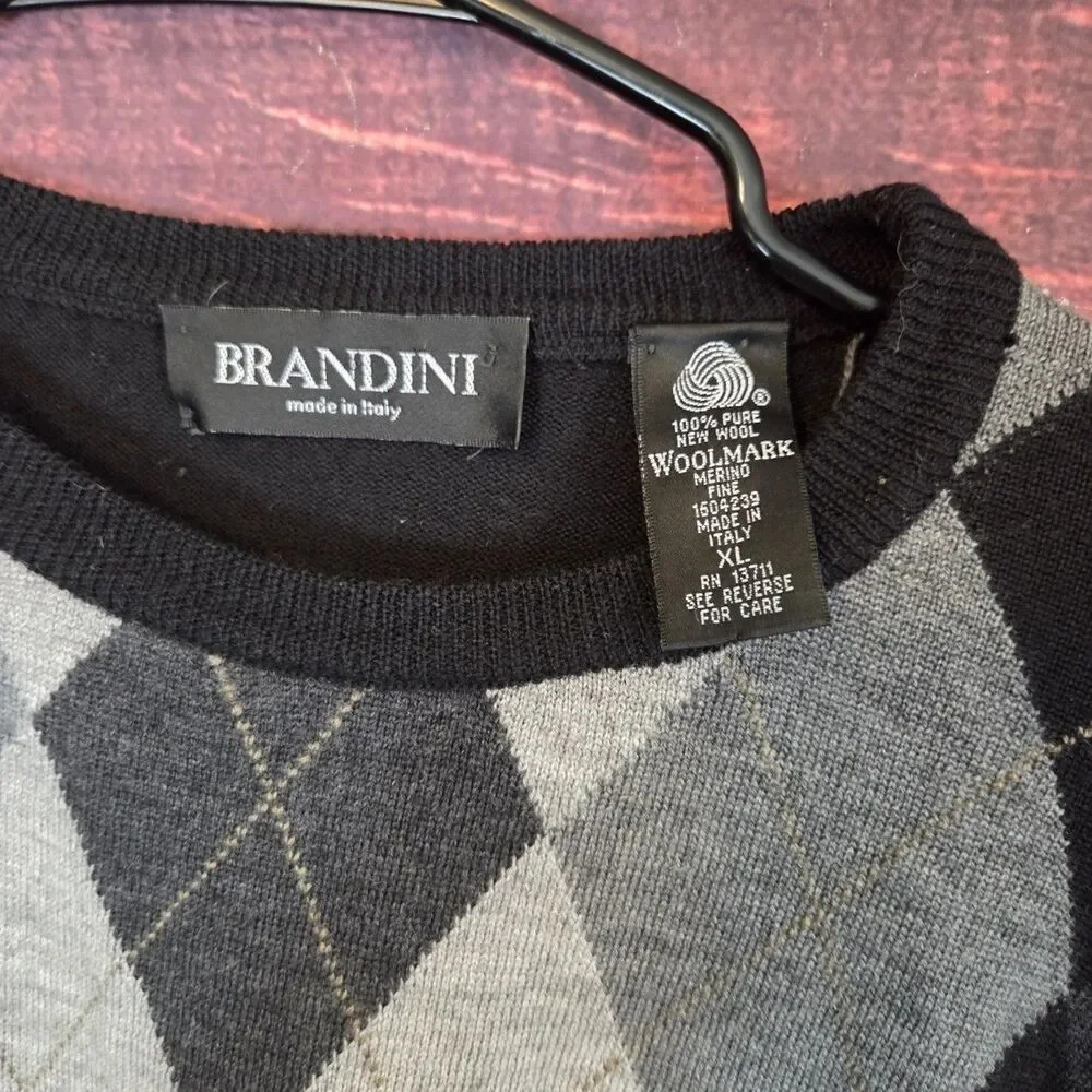 Brandini Argyle Black & Gray‎ Pullover WOOL Sweater Mens XL Made in Italy